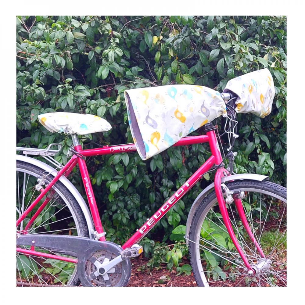 Housse selle vélo, imperméable en tissu enduit motif oiseaux--2226665324468